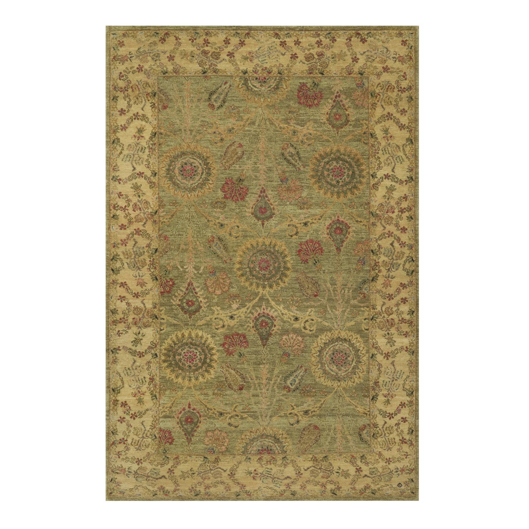 Olive Green, Botanical Design, Hand Knotted, Pure 100% Himalayan Wool, Vegetable Dyes, Oriental Rug
